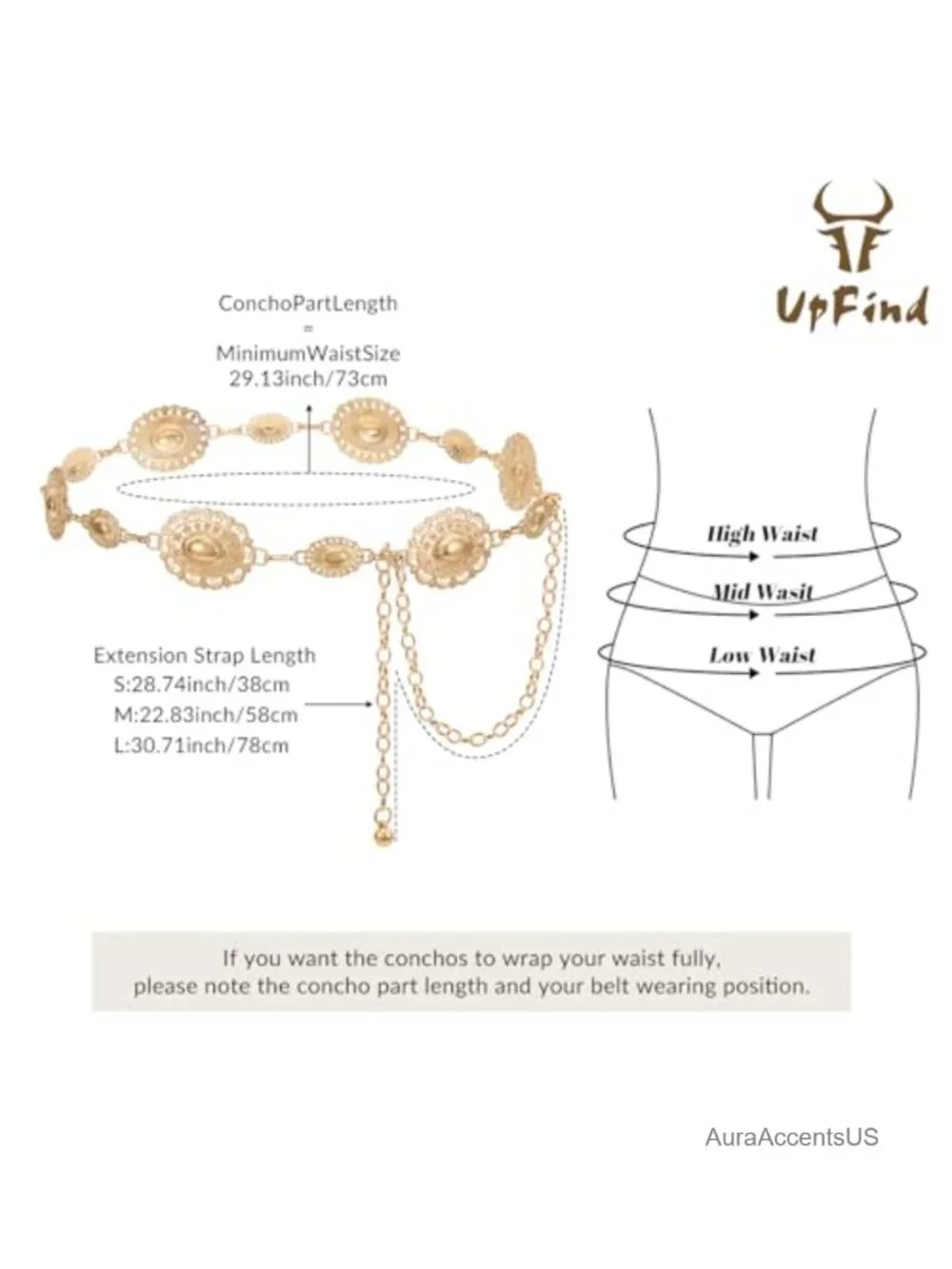 Western Metal Concho Chain Belt Waist Link for Jeans Dresses Concert Boho